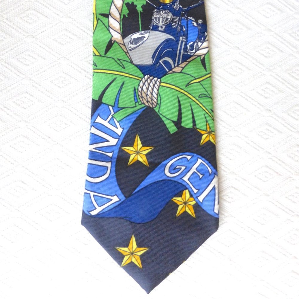ICEBERG ITALY 100% SILK TIE stars motorcycle blue gold stars